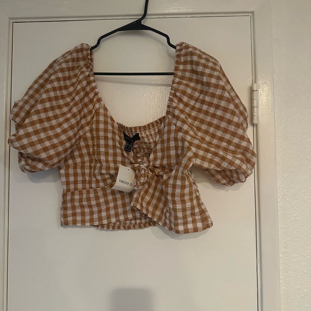 Forever 21 Brown and White Puff Sleeve Crop Blouse PLUS SIZE NWT